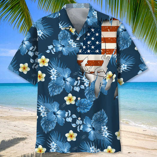 BlueJose Fishing USA Flag Tropical Hawaiian Shirt