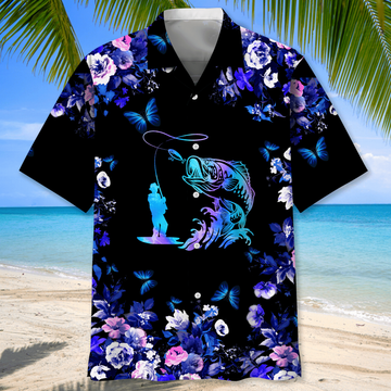 BlueJose Fishing Neon Floral Pattern Hawaiian Shirt