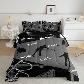 BlueJose Billiards Grey and Black Geometric Ball Ombre Bedding Set