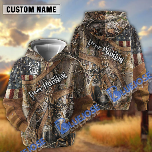 BlueJose Personalized Name Antler Deer Hunting American Camo Pattern 3D Shirts (2 Colors)