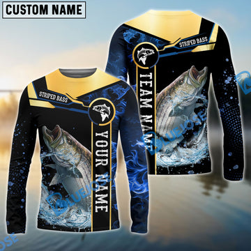 Bluejose Striped Bass Fishing Golden With Blue Flame Pattern Custom Name & Team Name 3D Shirts
