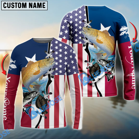 Bluejose Inshore Grand Slam Redfish, Speckled Trout, Flounder Texas American Flag Custom Name All Over Printed Fishing Shirts