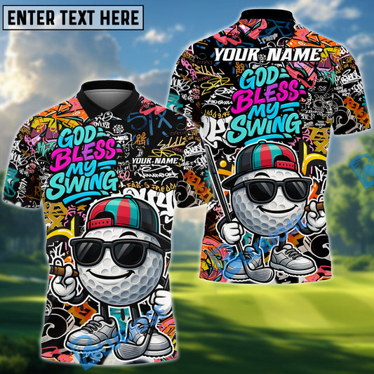 BlueJose God Bless My Swing Graffiti Golf Polo Shirt, Custom Name & Team Name 3D Shirts