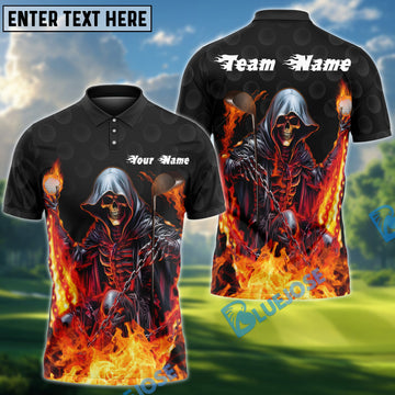 BlueJose Flaming Grim Reaper Golf Polo Shirt Customized Name, Team Name 3D Shirts (4 Colors)