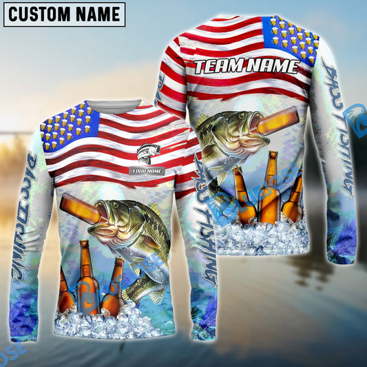 Bluejose Bass Fishing American Flag Beer Custom Name & Team Name 3D Shirts