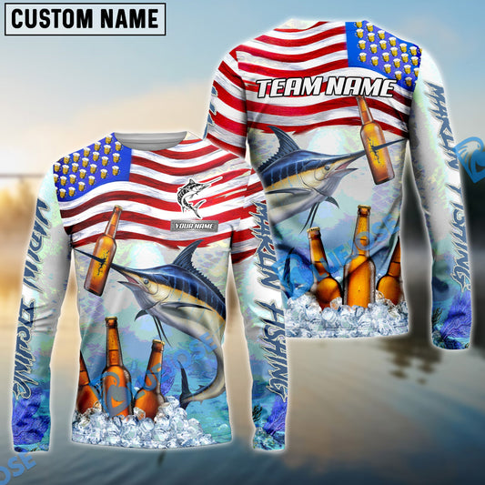 Bluejose Marlin Fishing American Flag Beer Custom Name & Team Name 3D Shirts