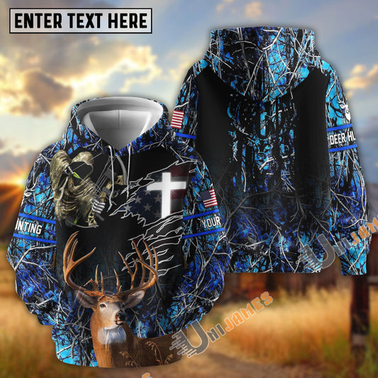 BlueJose Deer Hunting USA Flag Cross With Reaper Bow 3D Hoodie (3 Colors)
