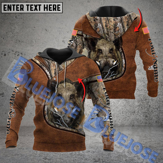 BlueJose Customized Name Wilderness Boar Hunting American Flag 3D Shirt (2 Colors)