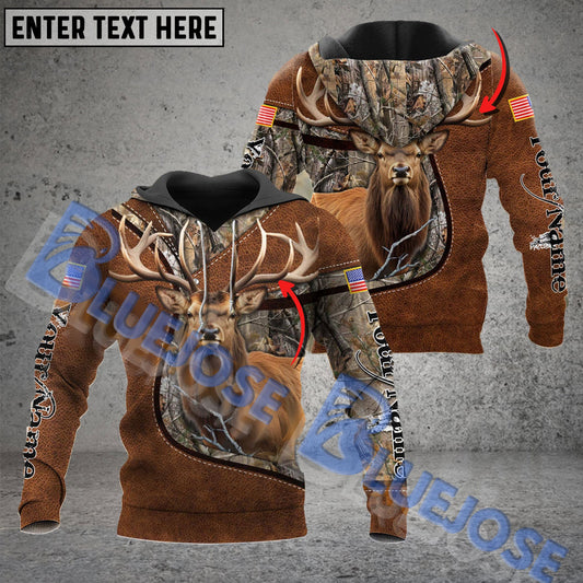 BlueJose Customized Name Wilderness Elk Hunting American Flag 3D Shirt (2 Colors)