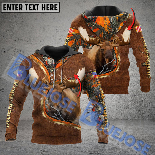 BlueJose Customized Name Wilderness Moose Hunting American Flag 3D Shirt (2 Colors)
