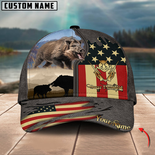 BlueJose Boar Hunting Leather Gray Leather Personalized Cap (2 Colors)