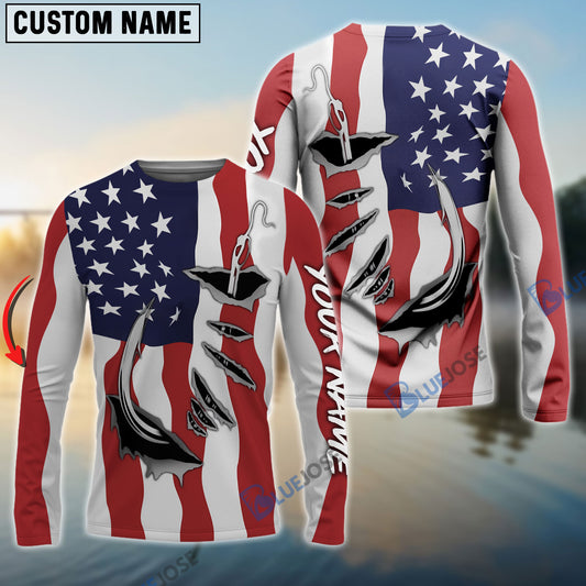 Bluejose Us Fishing Fish Hook American Flag Custom Long Sleeves Shirts Patriotic