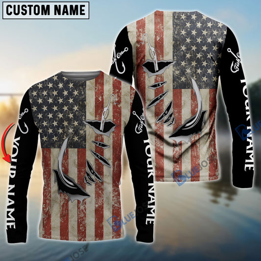 Bluejose Us Fishing 3D Fish Hook American Flag Patriotic Fish On Quick Dry Customize Name Long Sleeves Shirts