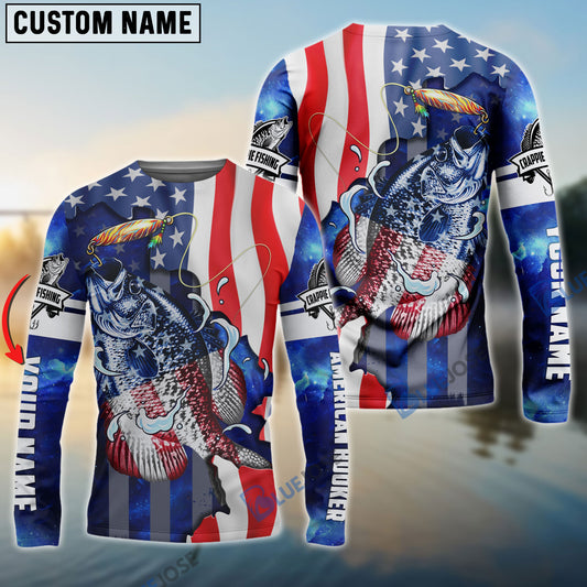 Bluejose Crappie Fishing American Flag Patriotic Custom Name Long Sleeves Fishing Shirt
