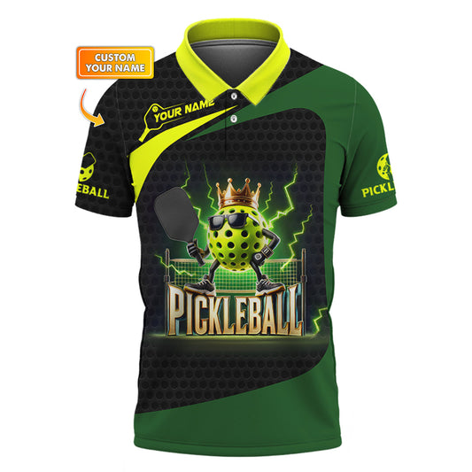 Custom Pickleball Shirt – Black Green Electric King Ball Design – Personalized Tee for Players & Champs