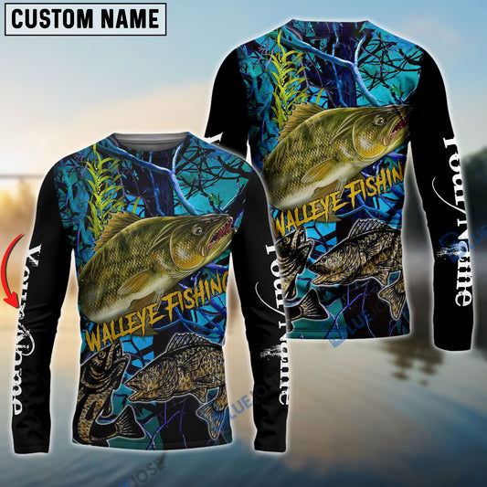 Bluejose Blue Camo Walleye Fishing Custom Long Sleeve Fishing Shirts