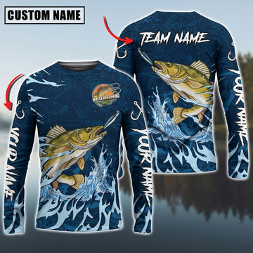 Bluejose Walleye Fishing Navy Water Pattern Custom Name & Team Name 3D Shirts