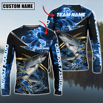 Bluejose Salmon Fishing Blue Flame Premium Golden & Silver Line Pattern Custom Name & Team Name 3D Shirts