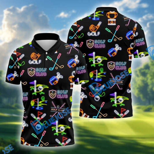 BlueJose Neon Golf Clubs Golf Polo Shirt, Custom Name & Team Name Golf 3D Shirts