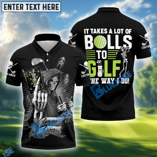BlueJose It Takes a Lot of Balls to Golf the Way I Do Funny Skeleton Golf Polo Shirt, Custom Name Golf 3D Shirts