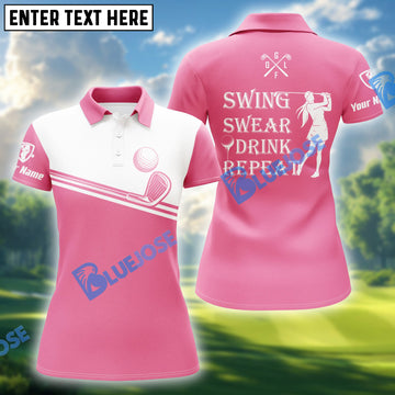 BlueJose Pink & White Golf Polo Shirt, Swing, Swear, Drink, Repeat, Custom Name & Team Name 3D Shirt