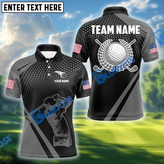 BlueJose American Flag Golf Polo Black Shirt, Custom Name & Team Name 3D Shirts
