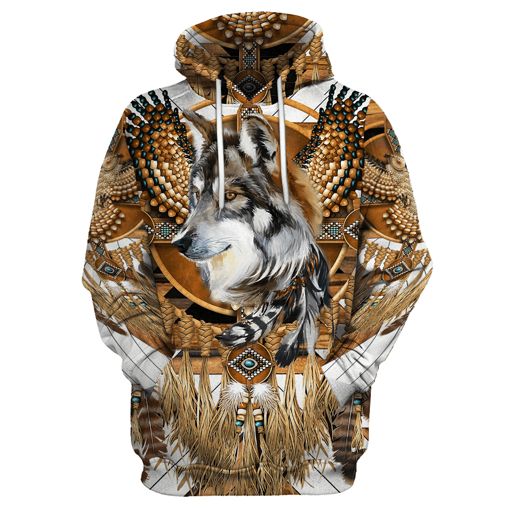 BlueJose Beautiful Tribal Native Wolf 3D All Over Printed Hoodie