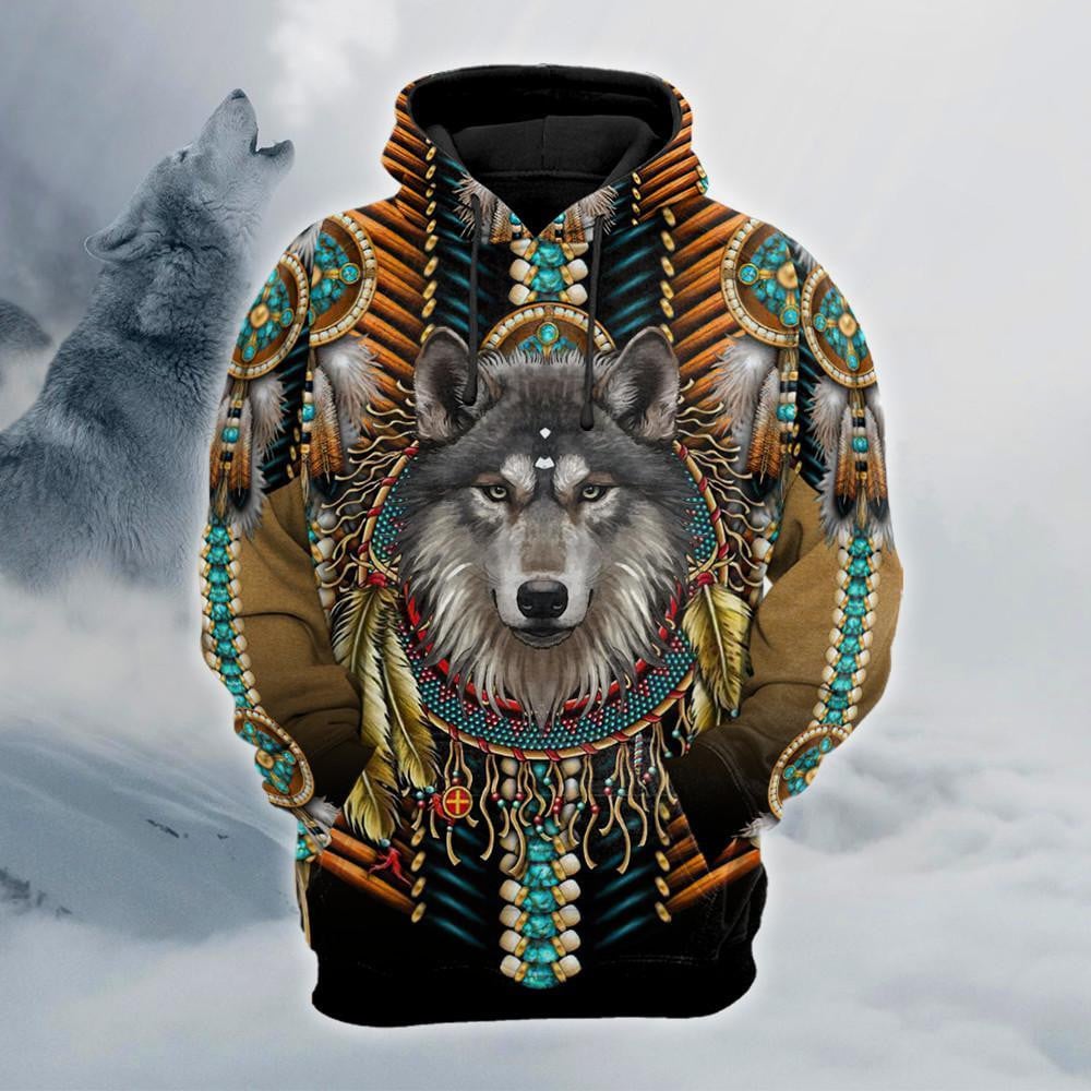 BlueJose Beautiful Tribal Native Wolf 3D All Over Printed Hoodie