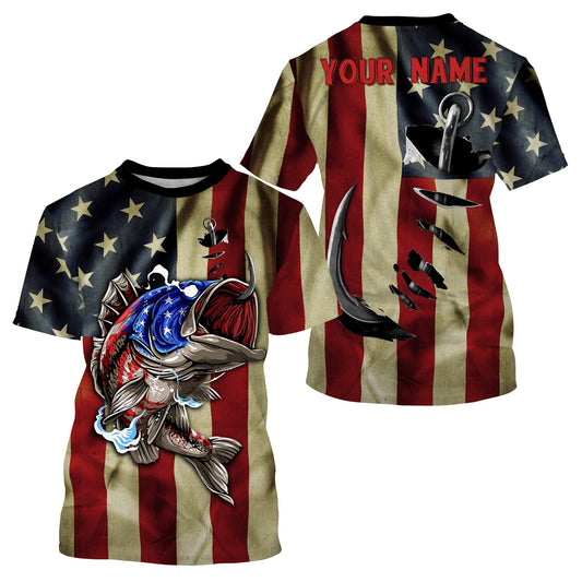 BlueJose American Bass Fishing Vintage Us Flag Patriotic Customize Name Shirt