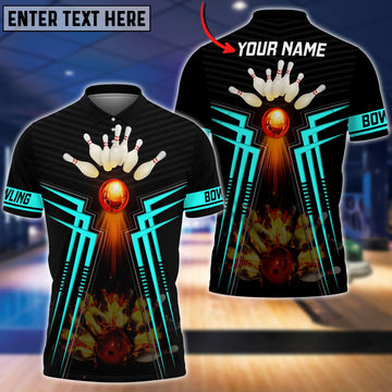 BlueJoses Cyan Bowling Ball  And Pins Flame Premium Customized Name 3D Shirt