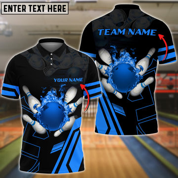 BlueJoses Blue Bowling Ball Flame Personalized Name All Over Printed Shirt