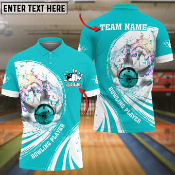 BlueJoses Cyan Bowling Ball Crashing The Pins Water Pattern Customized Name All Over Printed Shirt