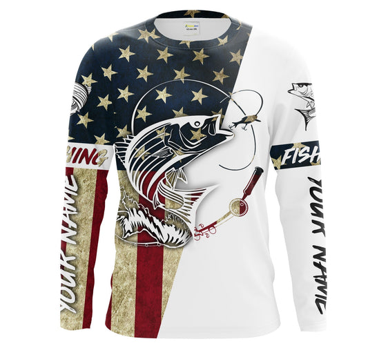 Bluejose Striped Bass Fishing American Flag Custom Long Sleeve Fishing Shirts, Personalized Patriotic Fishing Gifts