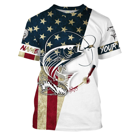Bluejose Striped Bass Fishing American Flag Custom Long Sleeve Fishing Shirts, Personalized Patriotic Fishing Gifts