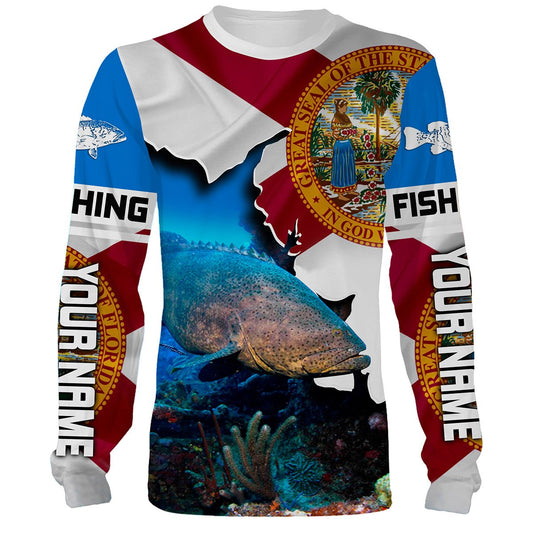 Bluejose Goliath Grouper Fishing 3D Florida Flag Patriot Custom Name All Over Print Shirts - Personalized Fishing Gifts