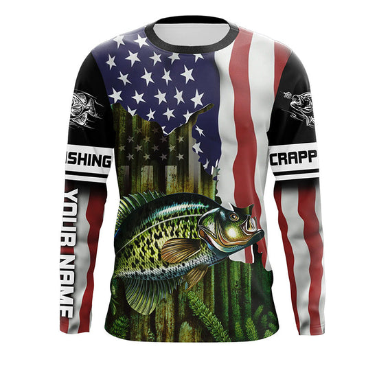 Bluejose Crappie Fishing American Flag Personalized Long Sleeve Performance Fishing Tournament Shirts Upf