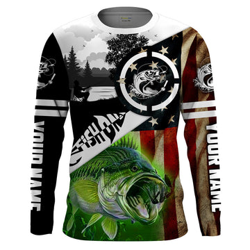 Bluejose Largemouth Bass Fishing American Flag Patriot Performance Fishing Shirt   Customize Name Long Sleeve