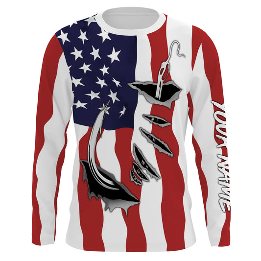 Bluejose Us Fishing Fish Hook American Flag Custom Long Sleeves Shirts Patriotic