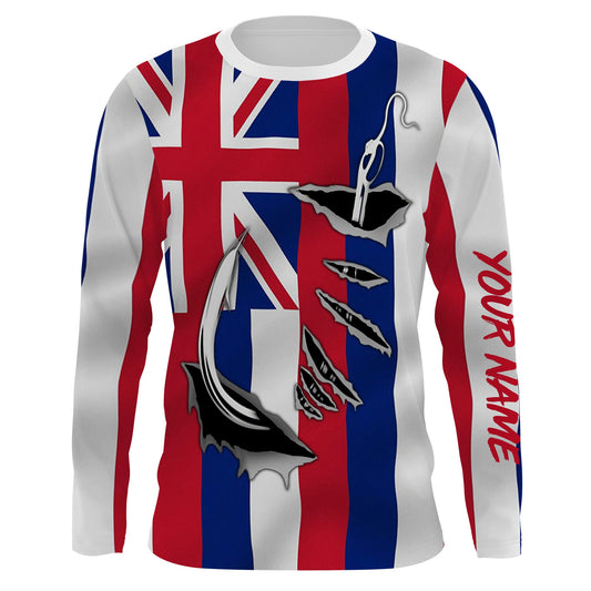 Bluejose Hi Fishing 3D Fish Hook Hawaiian Flag Quick-Dry Custom Long Sleeves Shirts Personalized Gift For Fishing Loversâ