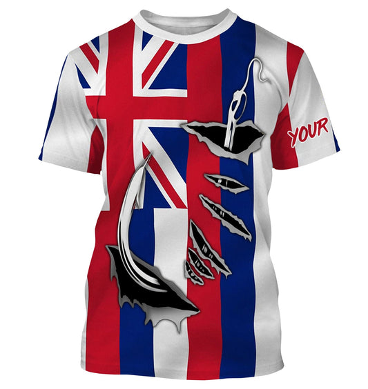 Bluejose Hi Fishing 3D Fish Hook Hawaiian Flag Quick-Dry Custom Long Sleeves Shirts Personalized Gift For Fishing Loversâ