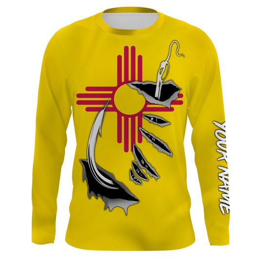 Bluejose Nm Fishing 3D Fish Hook New Mexico Flag Quick Dry Customize Name Long Sleeves Shirts