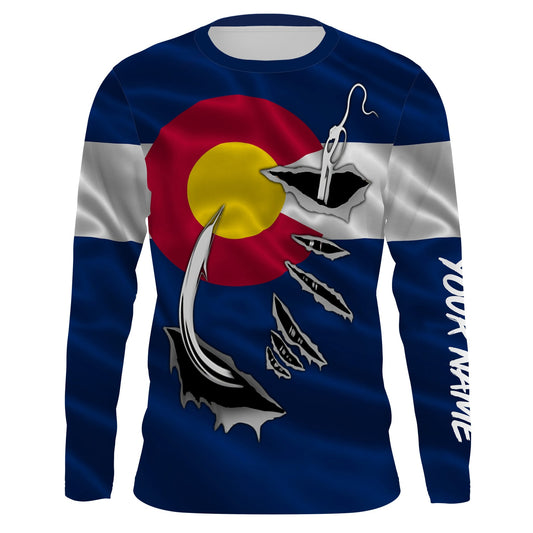 Bluejose Co Fishing 3D Fish Hook Colorado Flag Quick Dry Customize Name Long Sleeves Shirts Personalized Gift For Fishing Lovers