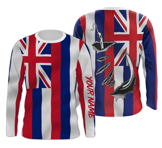 Bluejose Hawaii State Fishing Custom Hawaiian Flag 3D Fish Hook Long Sleeve Personalized Gifts