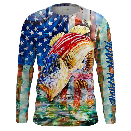 Bluejose Bass Fishing American Flag Custom Long Sleeve Fishing Shirts, Patriotic 4Th Of July Fishing Shirts