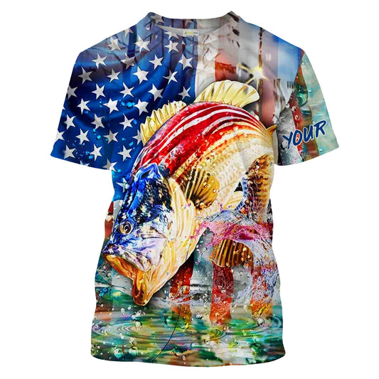 Bluejose Bass Fishing American Flag Custom Long Sleeve Fishing Shirts, Patriotic 4Th Of July Fishing Shirts