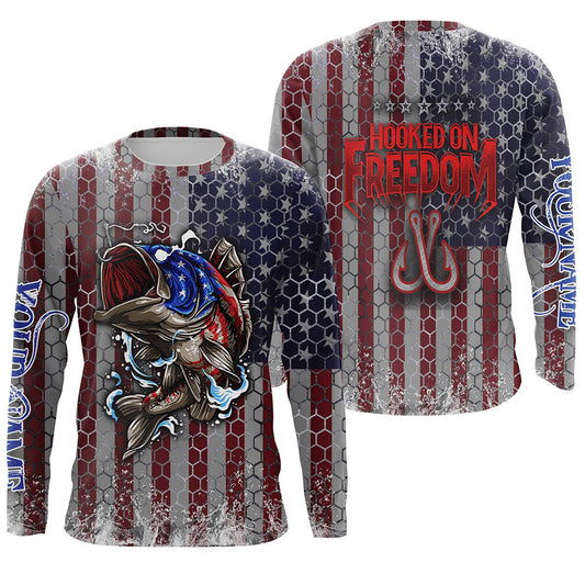 Bluejose Personalized Bass Fishing American Flag Long Sleeve Performance Fishing Shirts Patriotic Fishing Gifts Hooked On Freedom