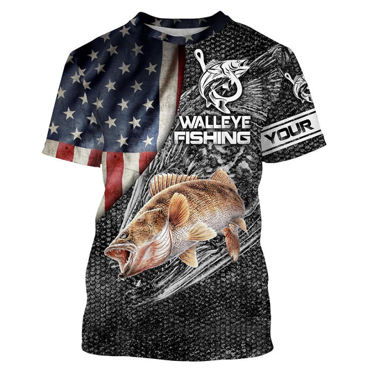 Bluejose Walleye Fishing American Flag Patriotic Custom Name 3D All Over Printed Shirts Quick Dry Personalized Fishing Gift Idea