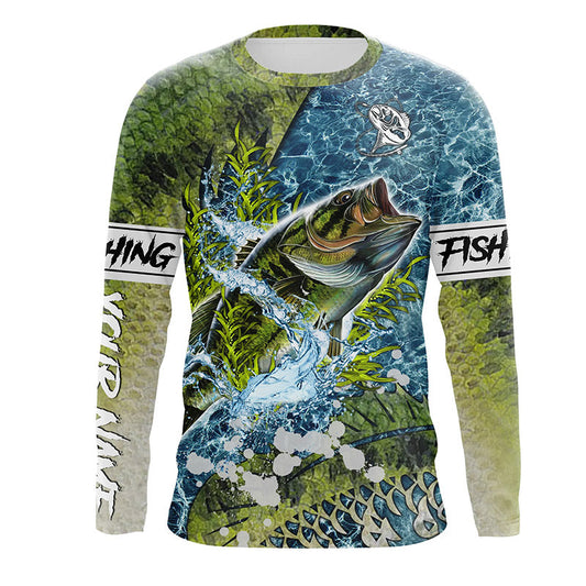 Bluejose Largemouth Bass Fishing Custom Green Scales Water Camo Fishing Shirt | Long Sleeve, Long Sleeve Hooded