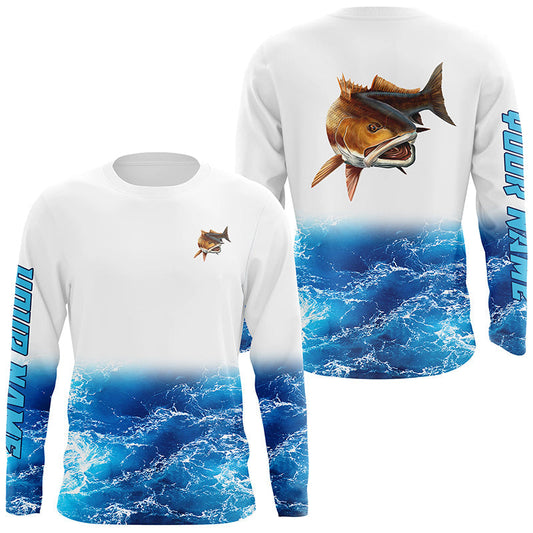 Bluejose Custom Redfish Fishing Jerseys, Personalized Red Drum Sea Wave Camo Long Sleeve, Long Sleeve