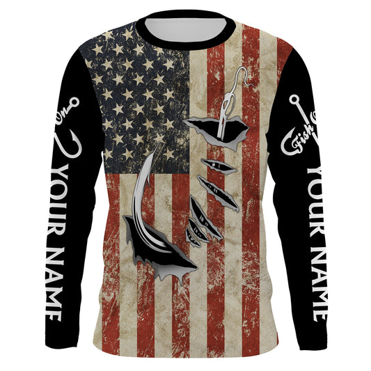 Bluejose Us Fishing 3D Fish Hook American Flag Patriotic Fish On Quick Dry Customize Name Long Sleeves Shirts